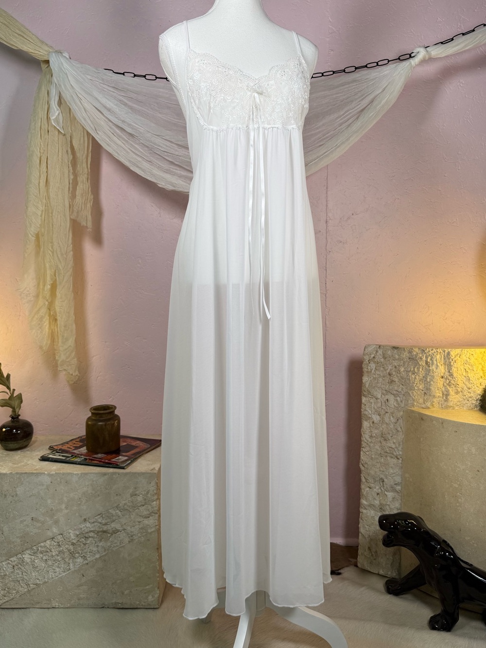 Vintage White Lace Nightgown Maxi Dress Sheer Romantic Cottagecore Size Large